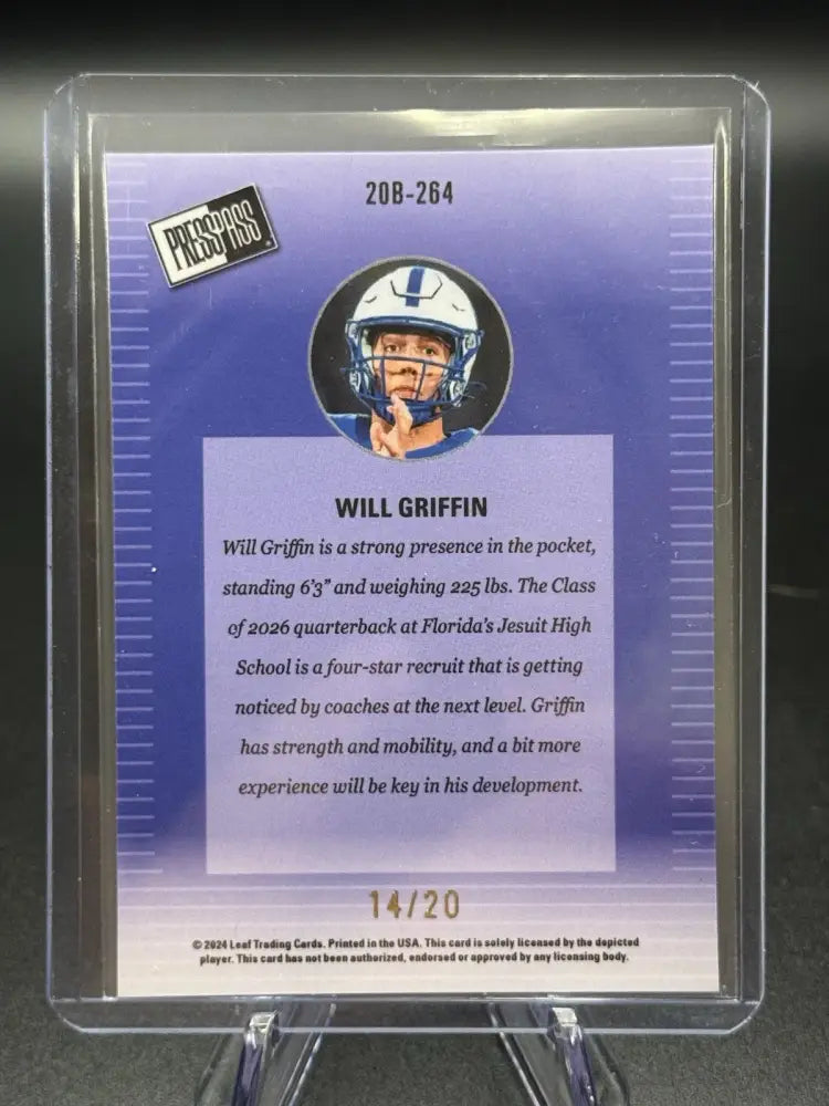 2024 Press Pass Will Griffin Purple Refractor 14/20 Rookie Football Card