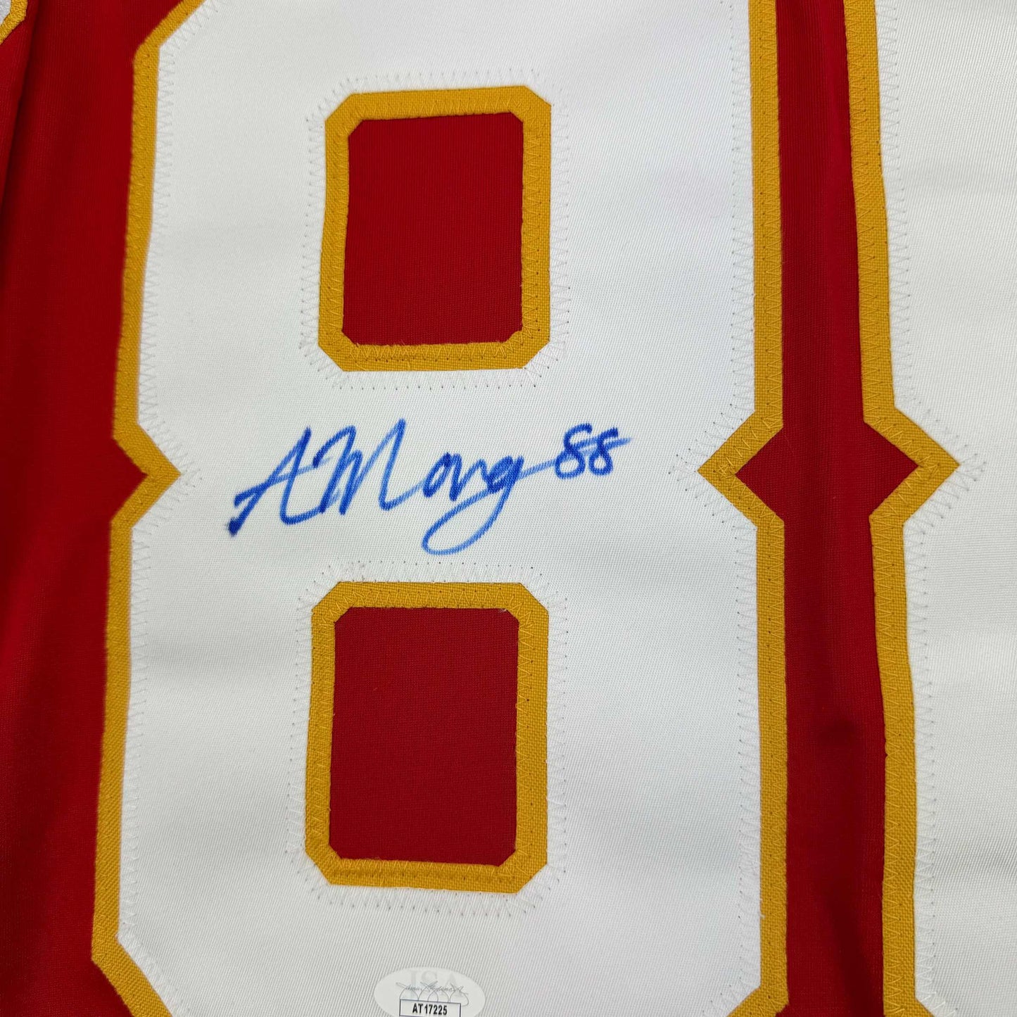 Framed Autographed/Signed Andrew Mangiapane 35x39 Calgary Red Hockey Jersey JSA COA