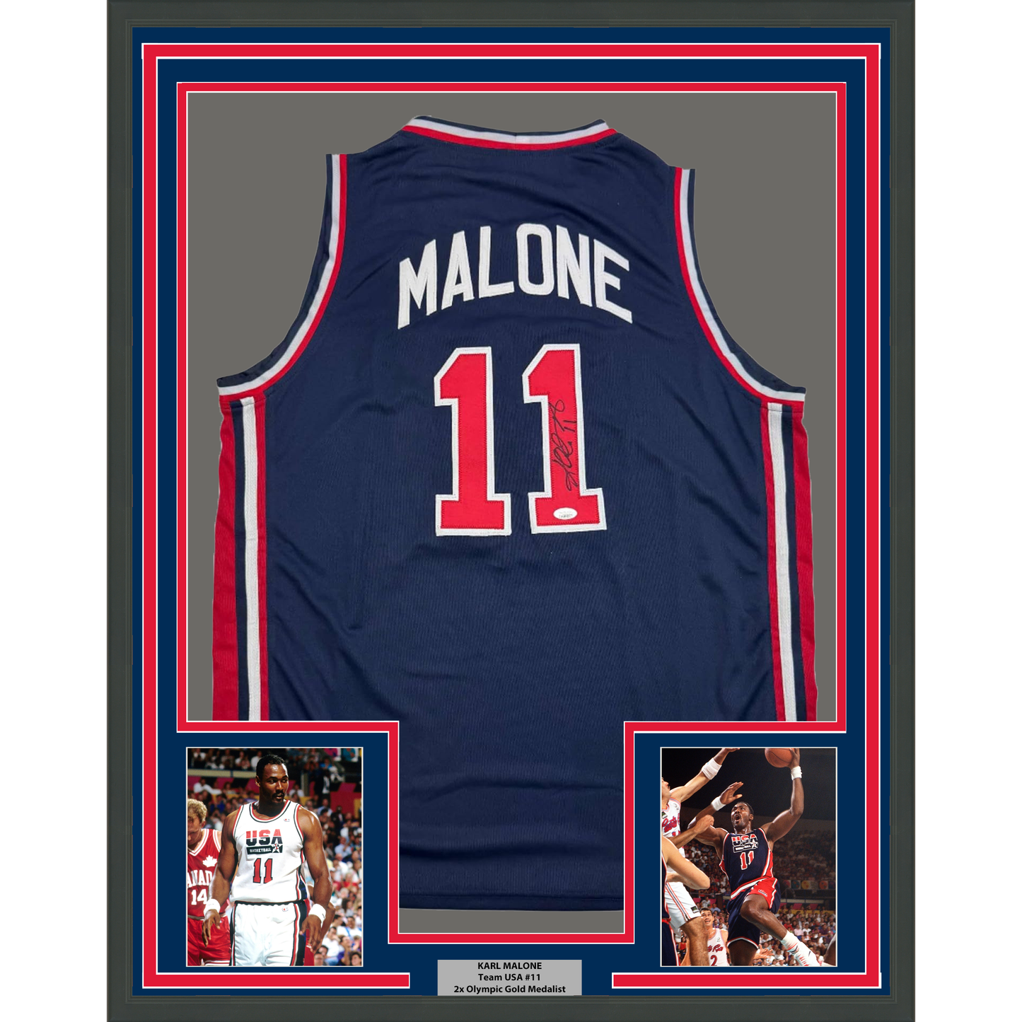 Framed Autographed/Signed Karl Malone 35x39 United States USA Blue 1992 Dream Team Basketball Jersey JSA COA