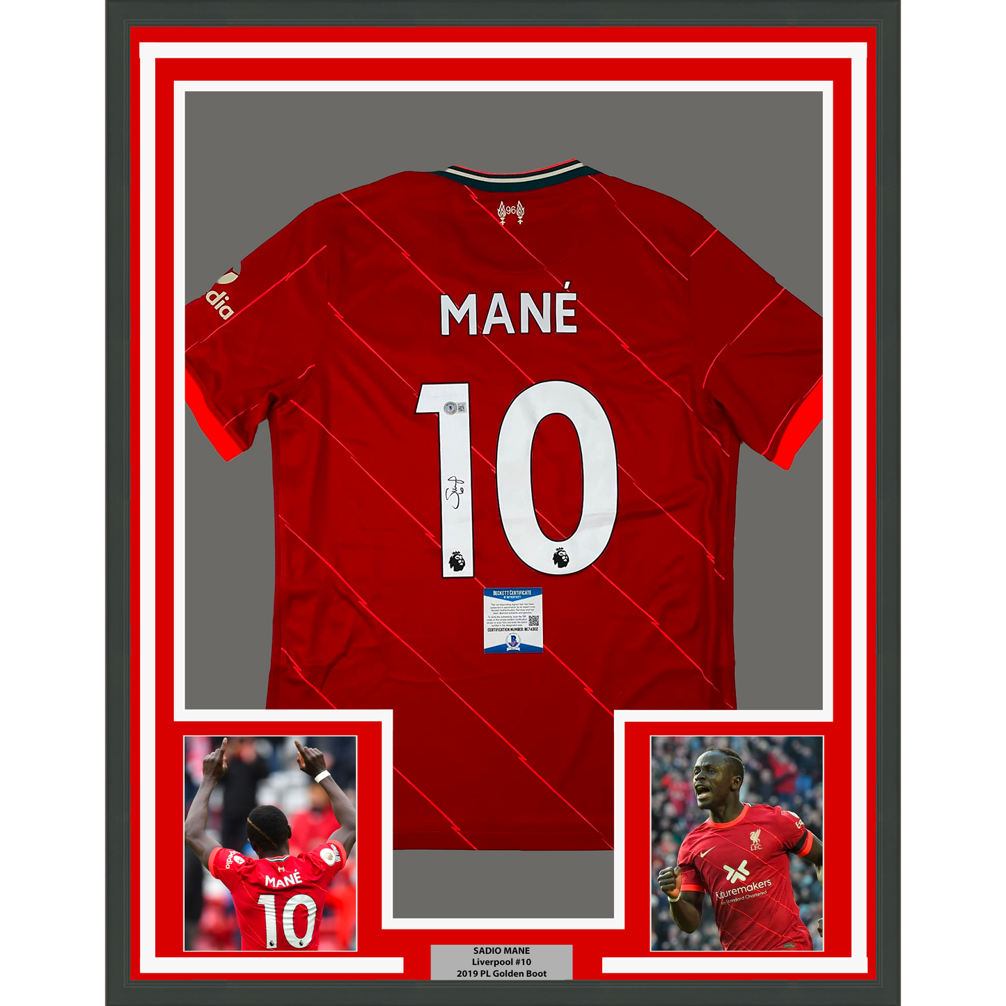 Framed Autographed/Signed Sadio Mane 35x39 Liverpool Red Soccer Jersey Beckett BAS COA