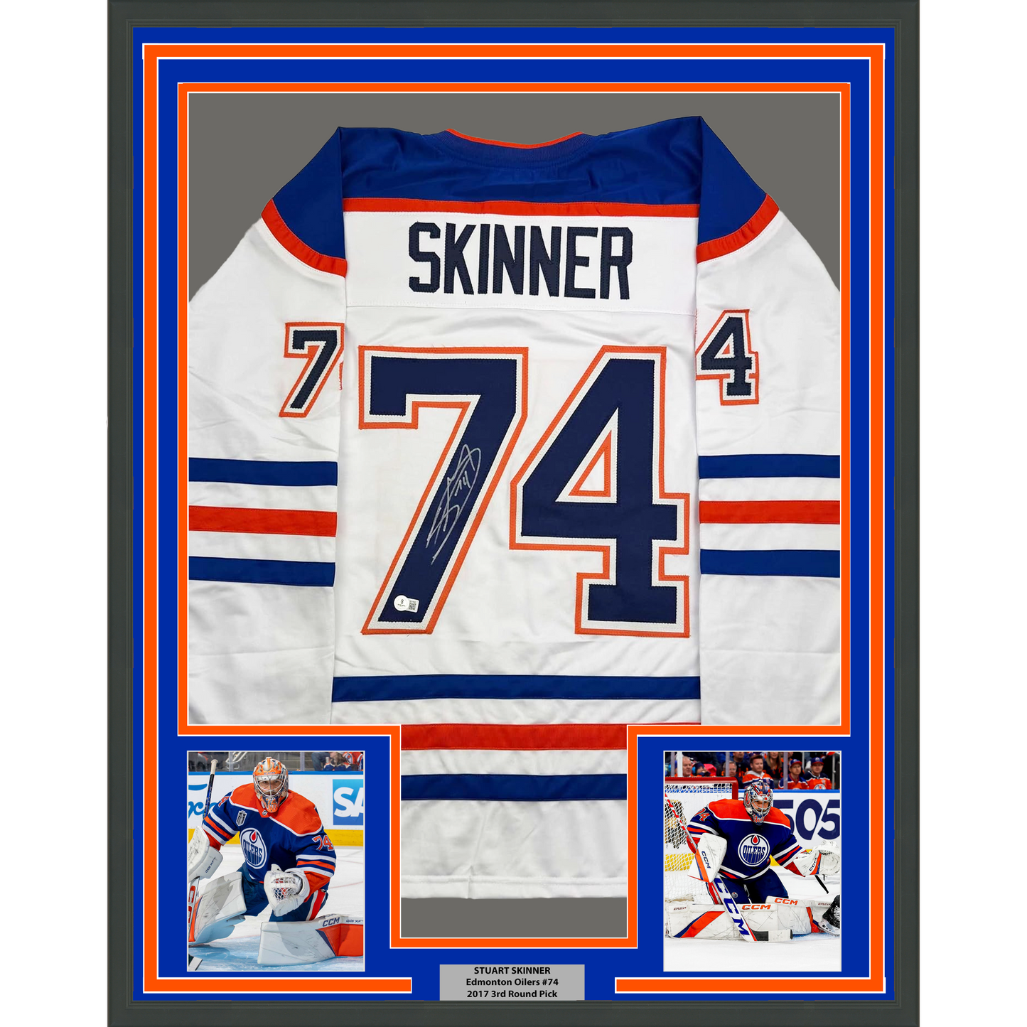 Framed Autographed/Signed Stuart Skinner 35x39 Edmonton White Hockey Jersey Beckett BAS COA