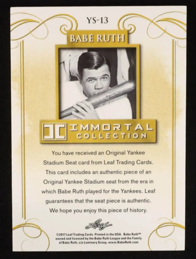 Babe Ruth 2017 Leaf Immortal Collection Yankee Stadium Seat Relic 1/20 Rare