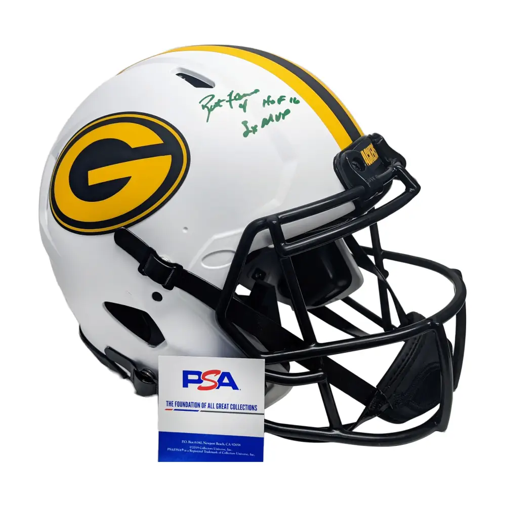 Brett Favre Autographed Hand Signed Green Bay Packers Lunar Full Size Authentic Football Helmet with HOF 16 and 3x MVP