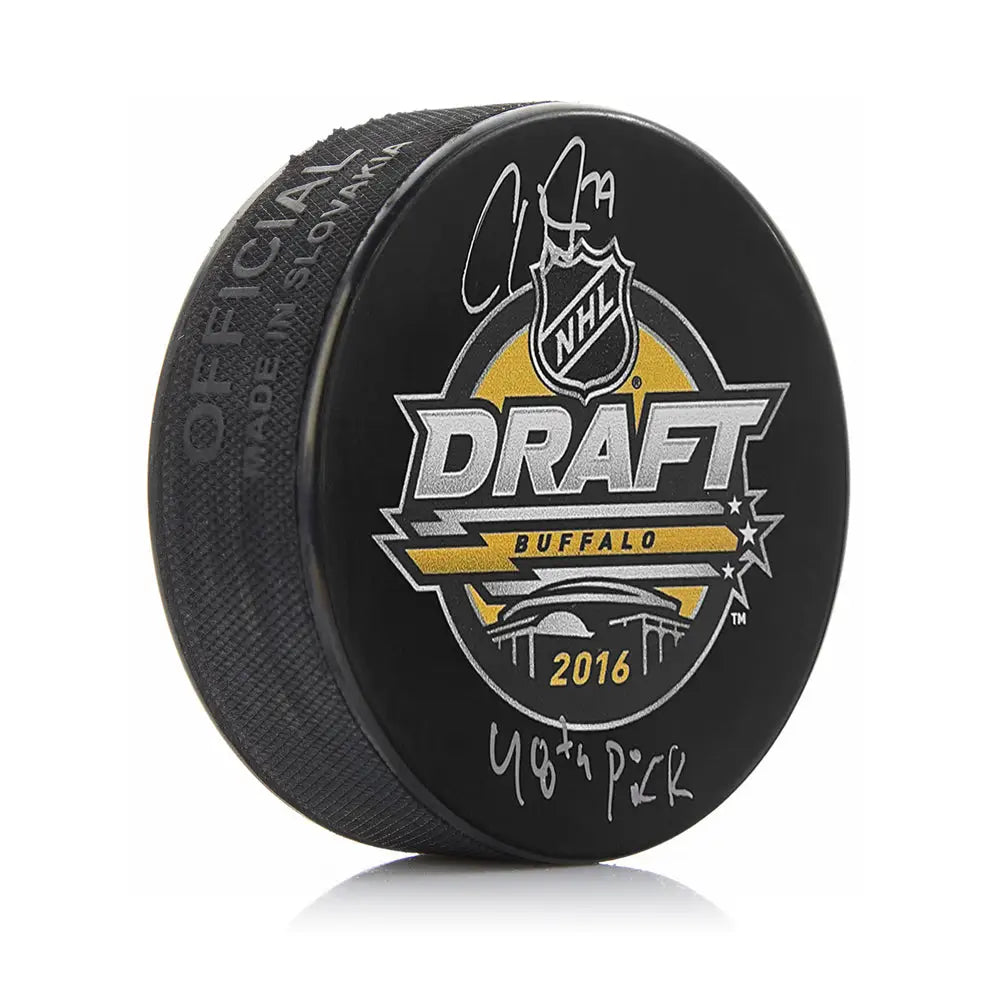 Carter Hart Philadelphia Flyers Autographed 2016 NHL Hockey Draft Puck with 48th Pick Inscription - Hockey Memorabilia