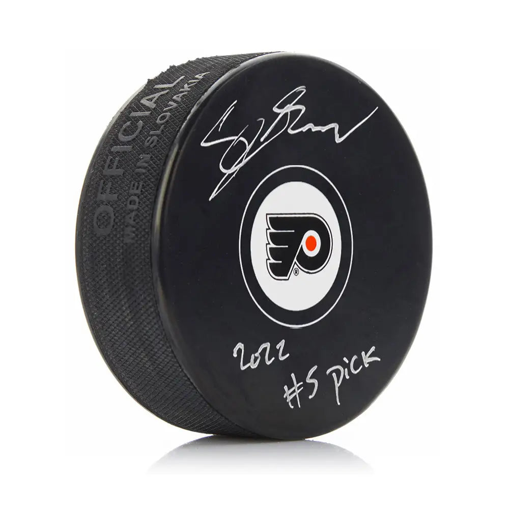 Cutter Gauthier Philadelphia Flyers Autographed NHL Hockey Logo Puck with #5 Pick Inscription - Hockey Memorabilia