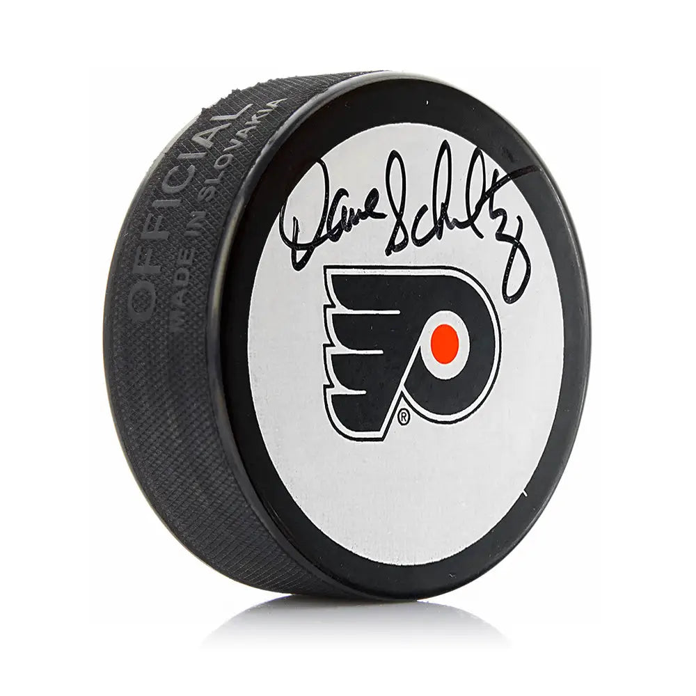 Dave ’The Hammer’ Schultz Philadelphia Flyers Autographed White Hockey Logo Puck - Hockey Memorabilia