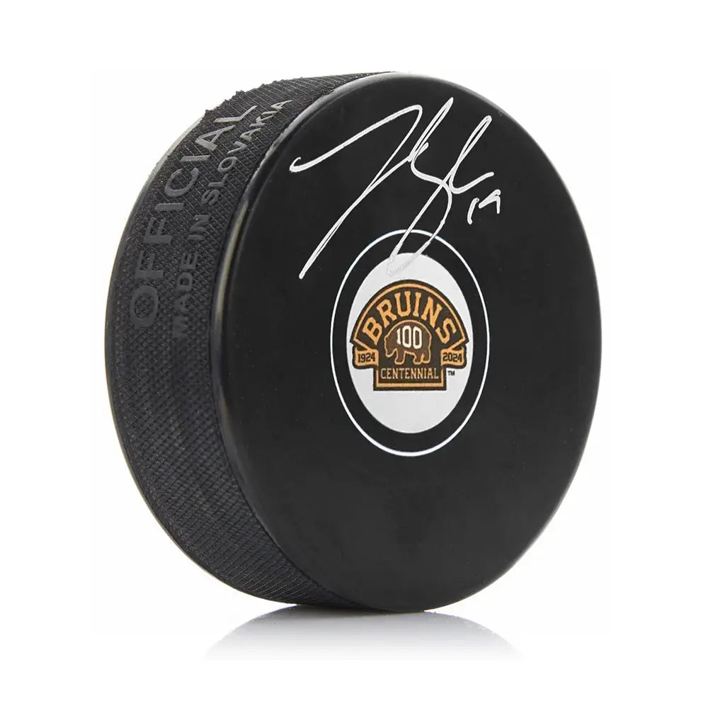 Johnny Beecher Autographed Boston Bruins 100th Anniversary Hockey Logo Puck - Hockey Memorabilia