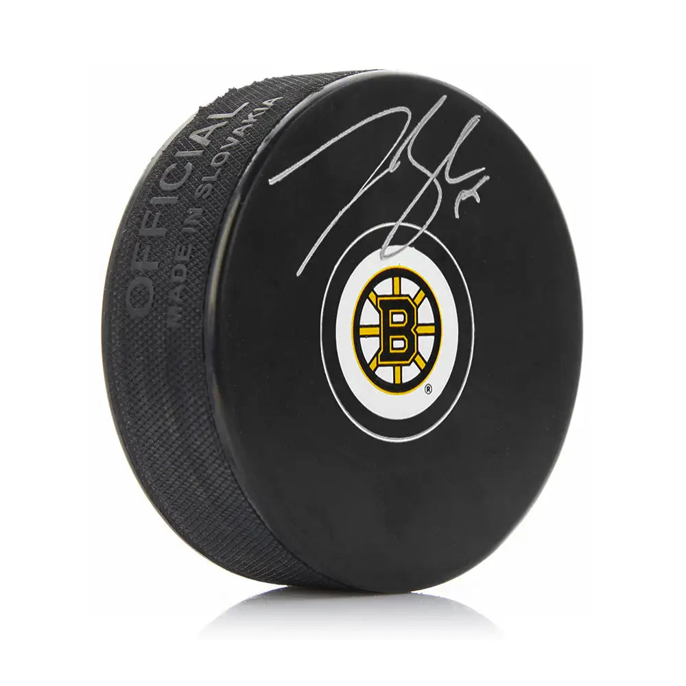 Johnny Beecher Autographed Boston Bruins Hockey Logo Puck - Hockey Memorabilia