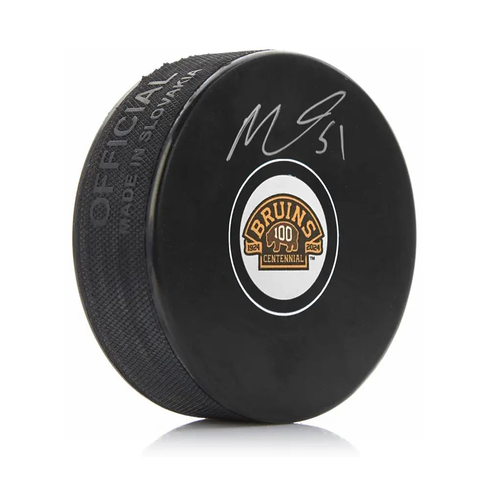 Matthew Poitras Autographed Boston Bruins 100th Anniversary Hockey Logo Puck - Hockey Memorabilia