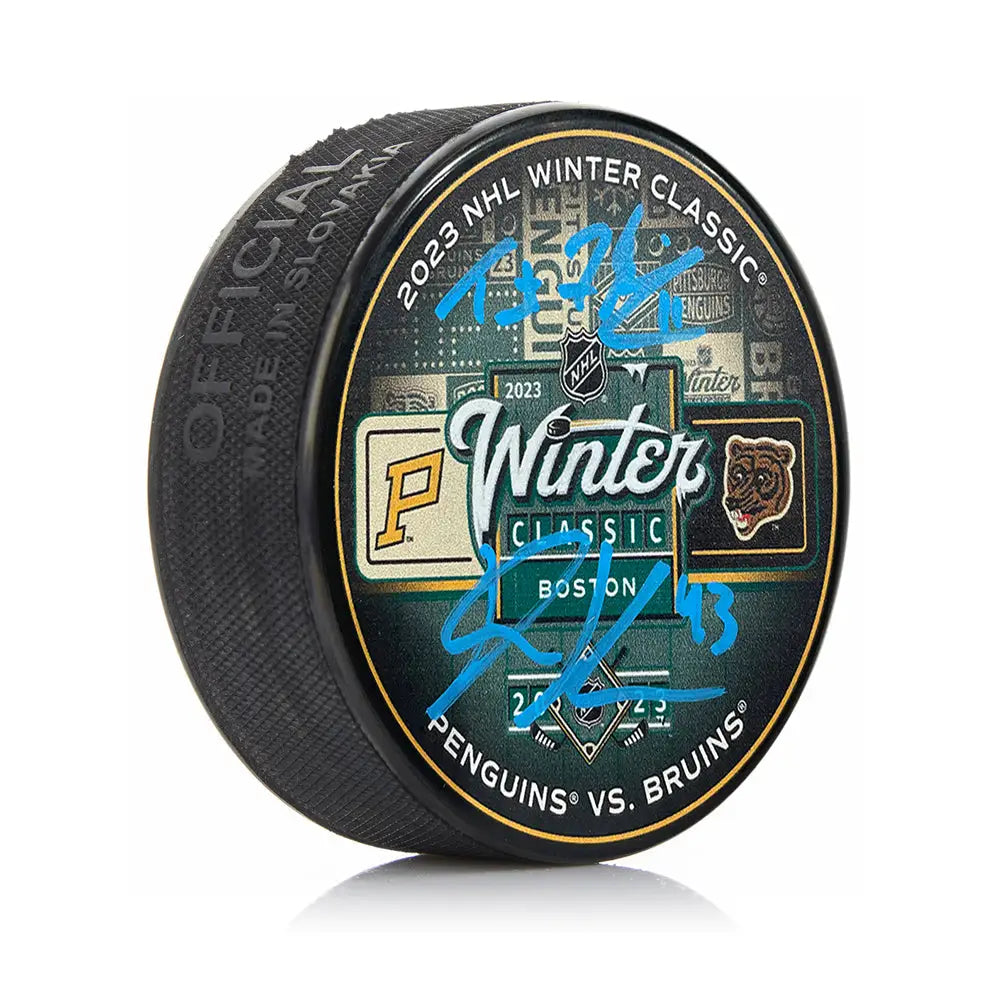 Trent Frederic & Danton Heinen Autographed Boston Bruins 2023 Winter Classic Hockey Logo Puck - Hockey Memorabilia