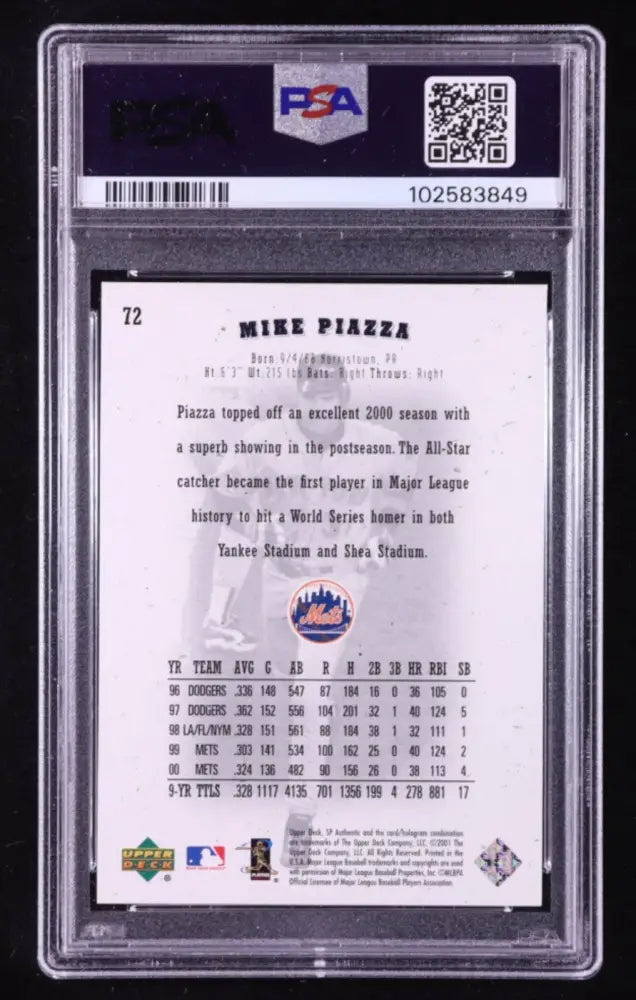 2001 SP Authentic Mike Piazza #72 PSA 10 GEM MINT Mets Catcher Iconic Card