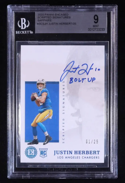 2020 Panini Encased Justin Herbert Scripted Signatures Sapphire 1/25 Auto BGS 9 