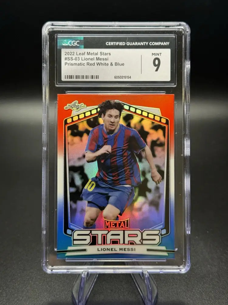2022 Leaf Metal Stars Lionel Messi Prismatic Red White & Blue 3/5 – CGC 9 Mint