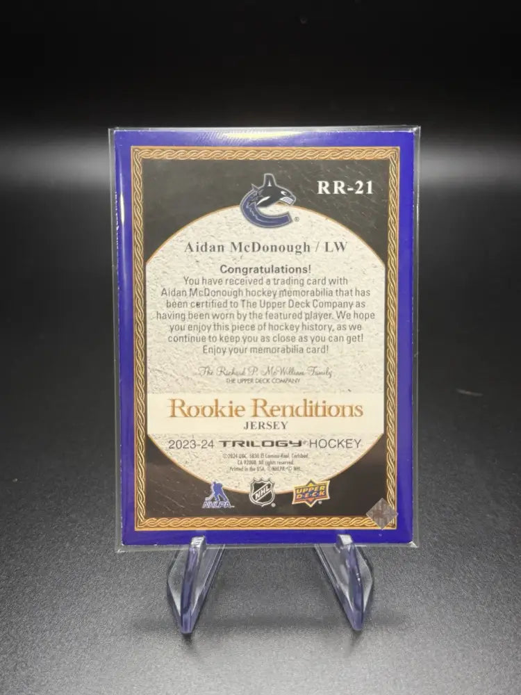 2023-24 Upper Deck Trilogy - Rookie Renditions Aidan McDonough #RR-21 Jersey...