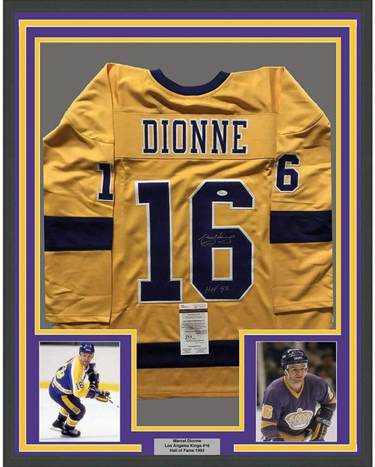 Framed Autographed/Signed Marcel Dionne HOF 92  35x39 Los Angeles LA Yellow Hockey Jersey JSA COA