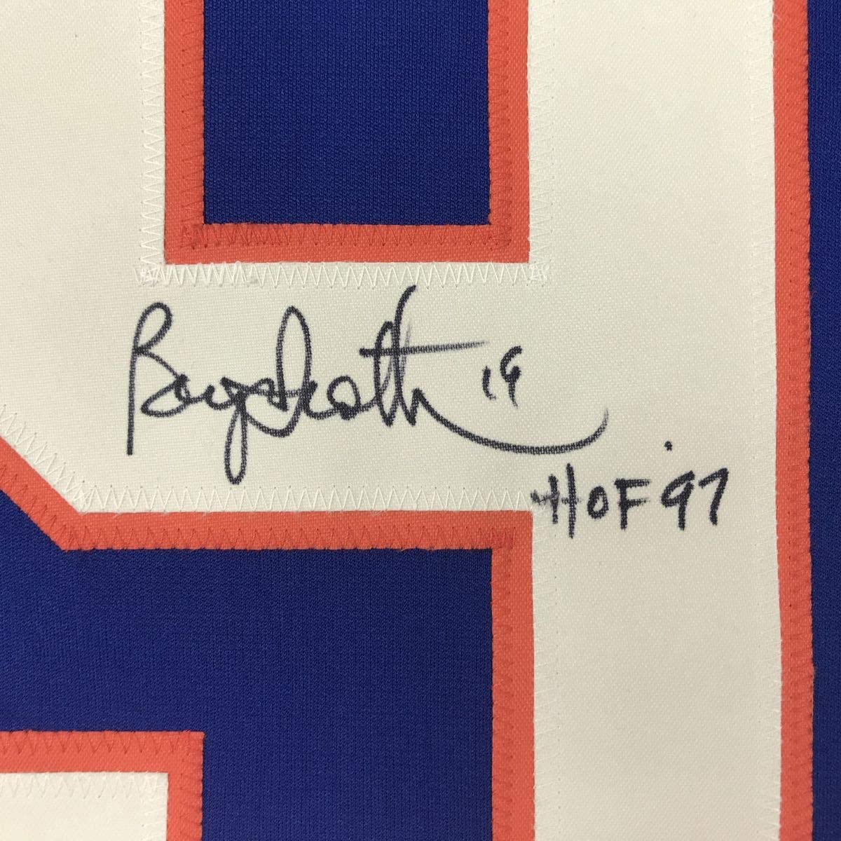 Autographed/Signed Bryan Trottier HOF 97 New York Blue Hockey Jersey JSA COA