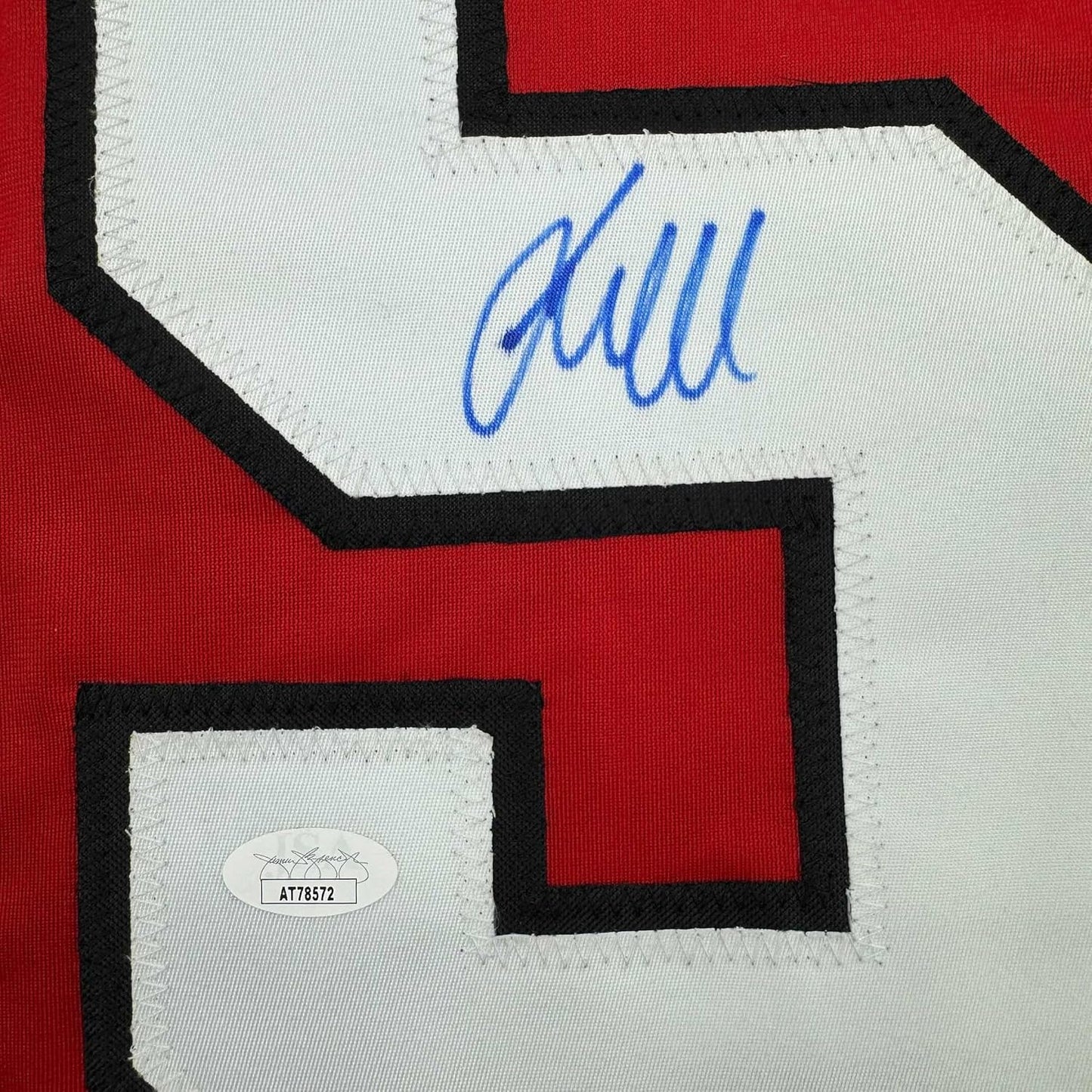 Framed Autographed/Signed Jacob Markstrom 35x39 New Jersey Red Hockey Jersey JSA COA