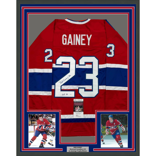 Framed Autographed/Signed Bob Gainey 35x39 HOF 1992 Montreal Red Hockey Jersey JSA COA
