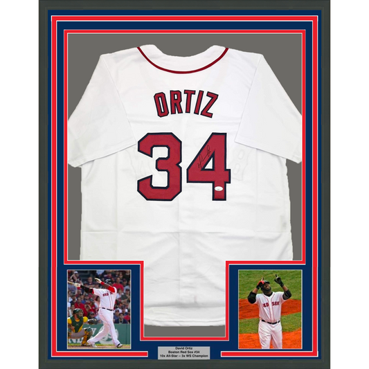 Framed Autographed/Signed David Ortiz 35x39 Boston White Baseball Jersey JSA COA