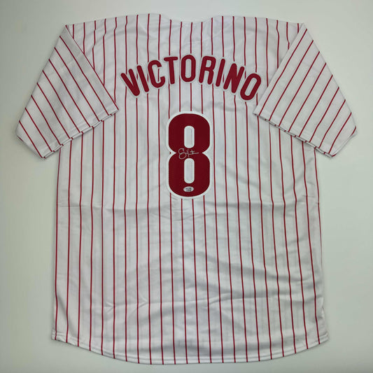 Autographed/Signed Shane Victorino Philadelphia Pinstripe Baseball Jersey PSA COA