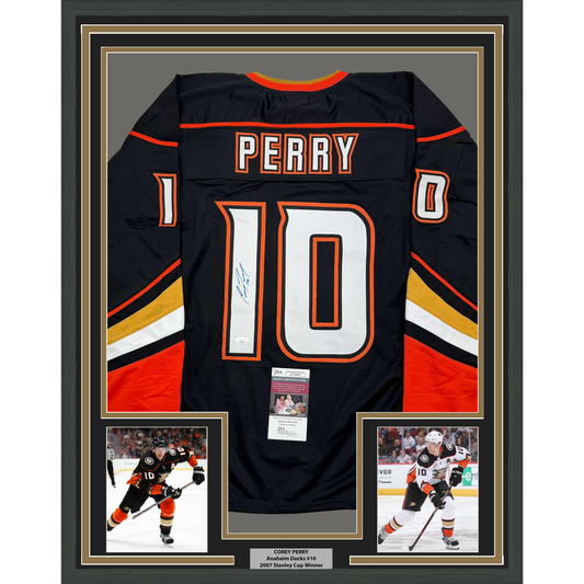 Framed Autographed/Signed Corey Perry 35x39 Anaheim Black Hockey Jersey JSA COA