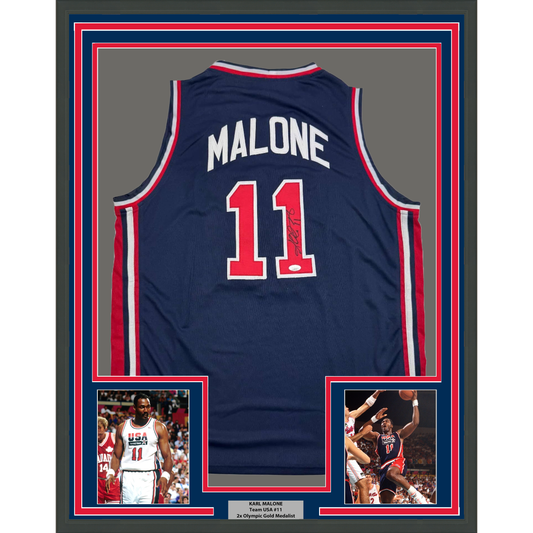 Framed Autographed/Signed Karl Malone 35x39 United States USA Blue 1992 Dream Team Basketball Jersey JSA COA