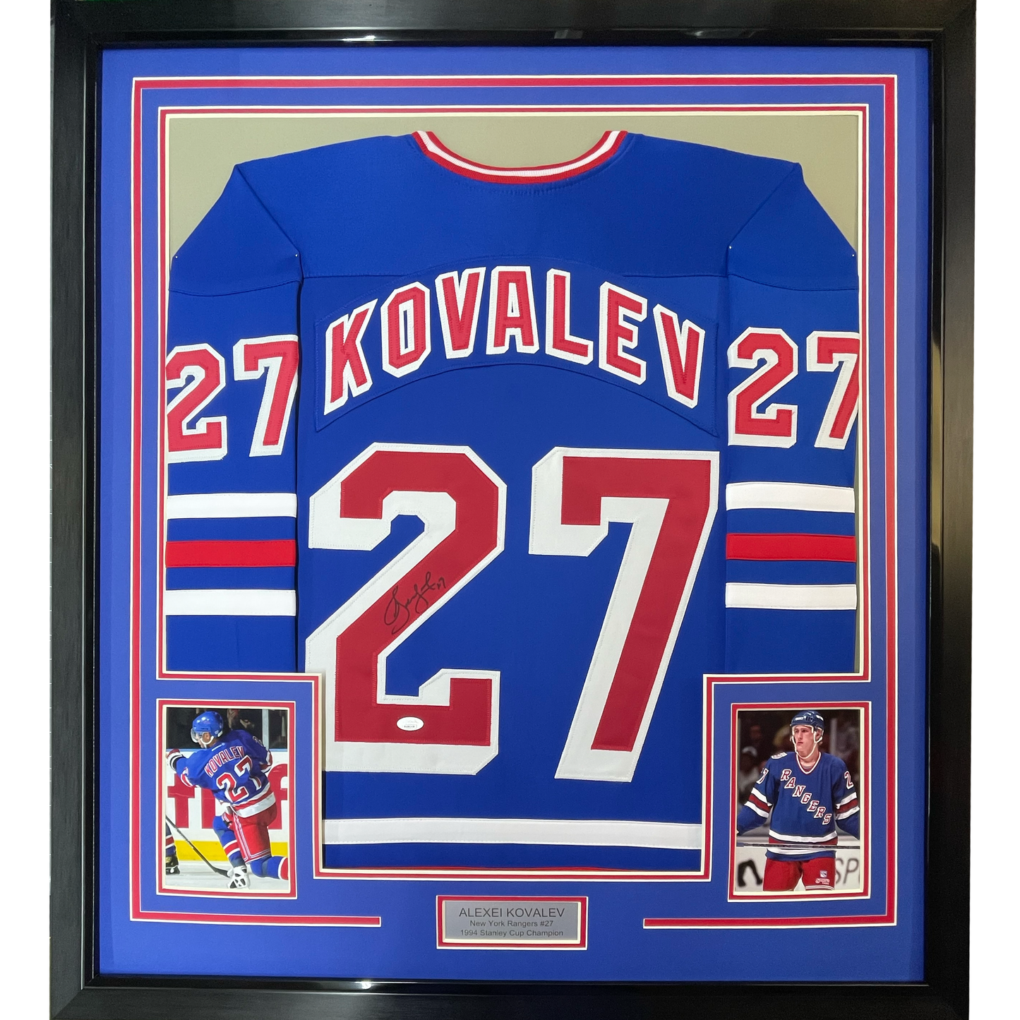 Framed Autographed/Signed Alexei Kovalev 35x39 New York Blue Hockey Jersey JSA COA