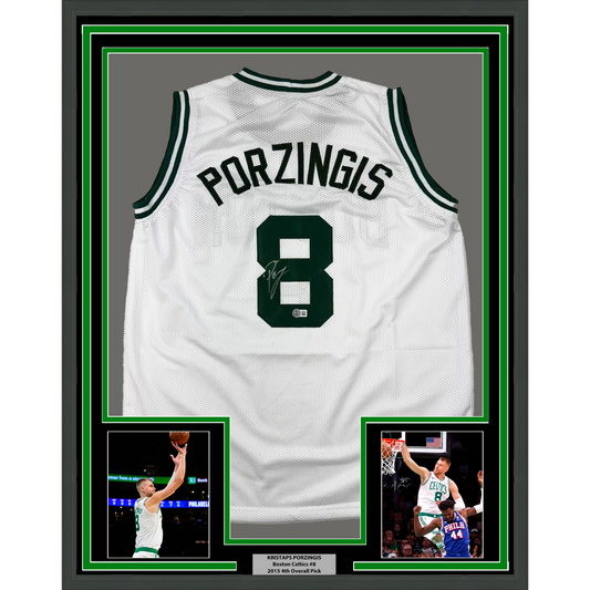 Framed Autographed/Signed Kristaps Porzingis 35x39 Boston White Basketball Jersey JSA COA
