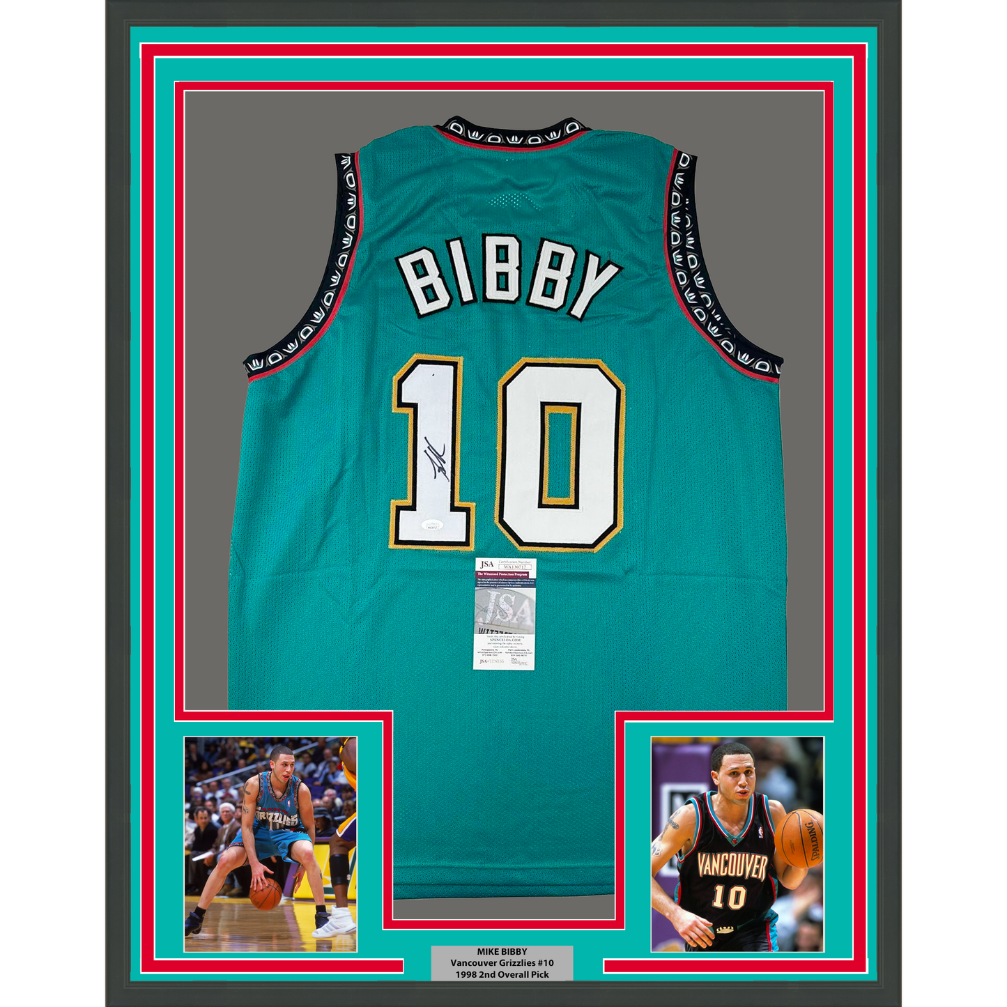 Framed Autographed/Signed Mike Bibby 35x39 Vancouver Teal Retro Basketball Jersey JSA COA