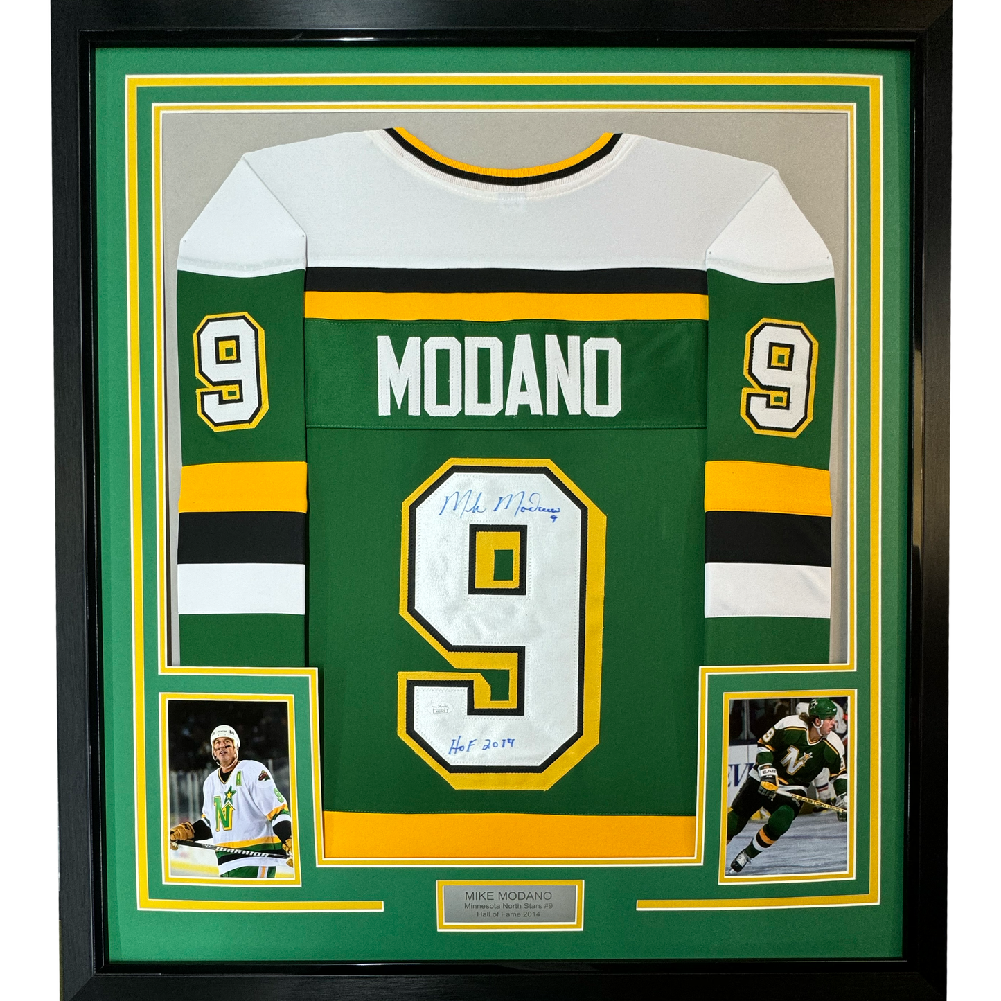 Framed Autographed/Signed Mike Modano HOF 2014 35x39 Minnesota Green Hockey Jersey Beckett BAS COA