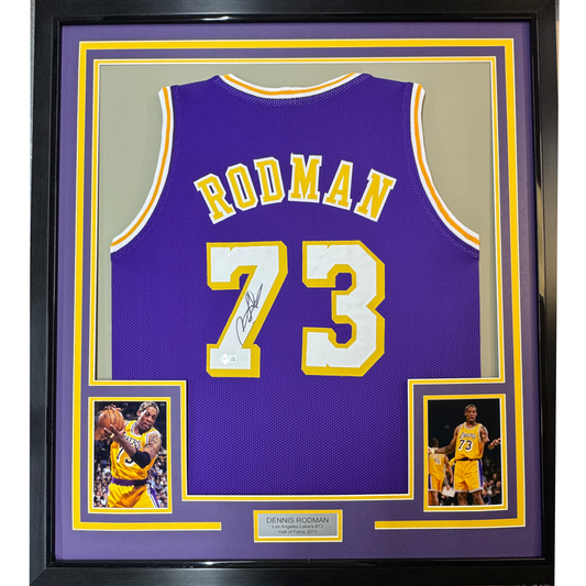 Framed Autographed/Signed Dennis Rodman 35x39 Los Angeles LA Purple Basketball Jersey PSA/DNA COA