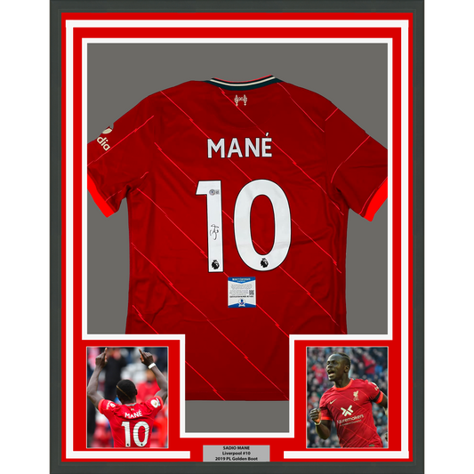 Framed Autographed/Signed Sadio Mane 35x39 Liverpool Red Soccer Jersey Beckett BAS COA