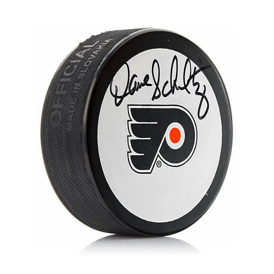 Dave ’The Hammer’ Schultz Philadelphia Flyers Autographed White Hockey Logo Puck - Hockey Memorabilia