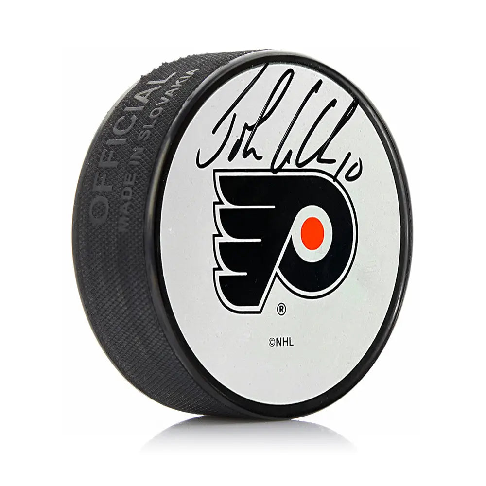 John LeClair Philadelphia Flyers Autographed White Hockey Logo Puck - Hockey Memorabilia