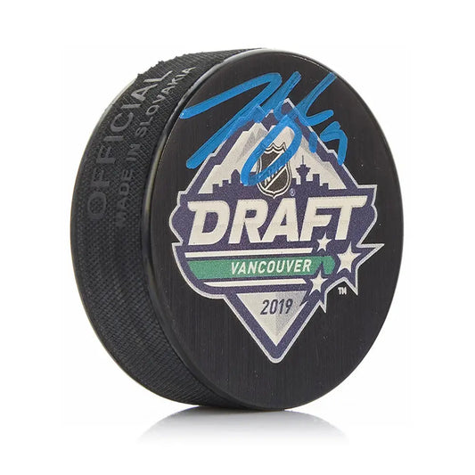 Johnny Beecher Autographed Boston Bruins 2019 Draft Hockey Logo Puck - Blue Signature - Hockey Memorabilia