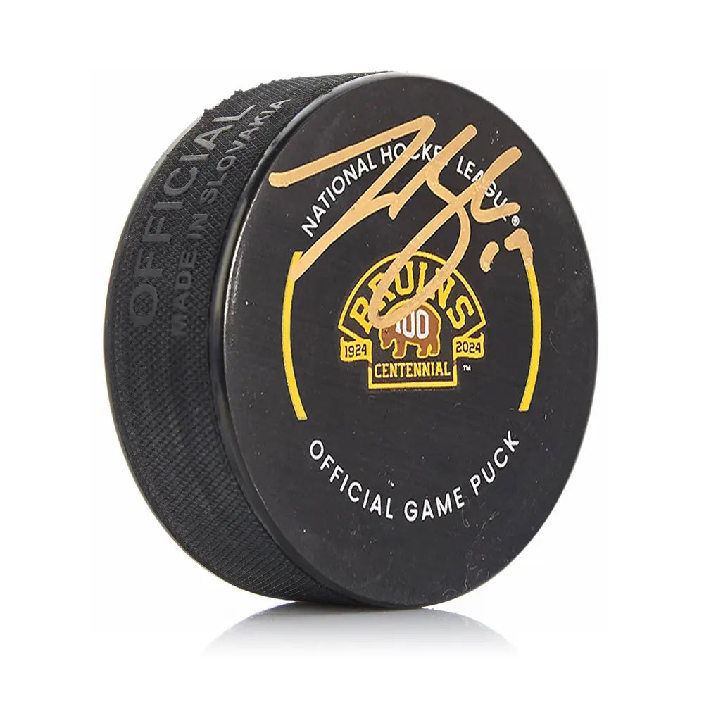 Johnny Beecher Boston Bruins Autographed 100th Anniversary Hockey Game Puck - Hockey Memorabilia