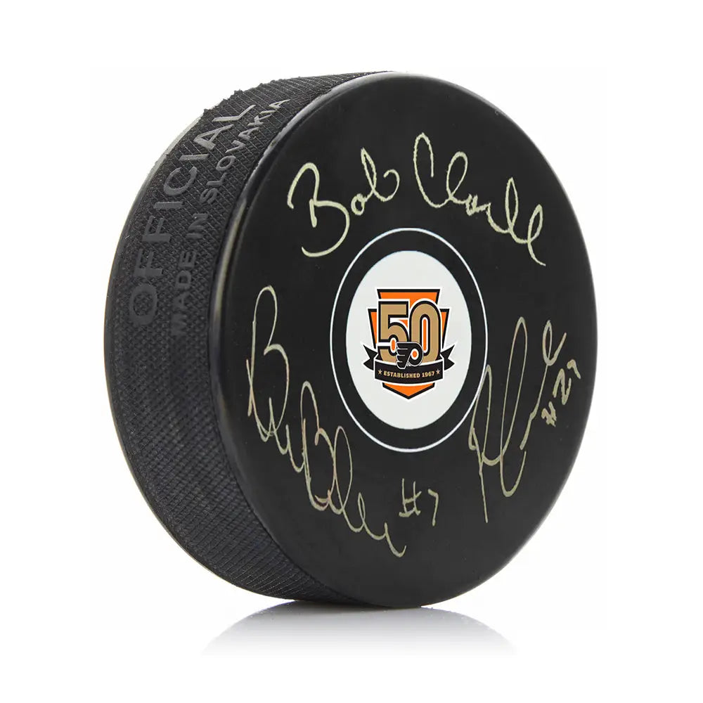 LCB Line (Bob Clarke/Bill Barber/Reggie Leach) Autographed Philadelphia Flyers 50th Anniversary Puck - Hockey