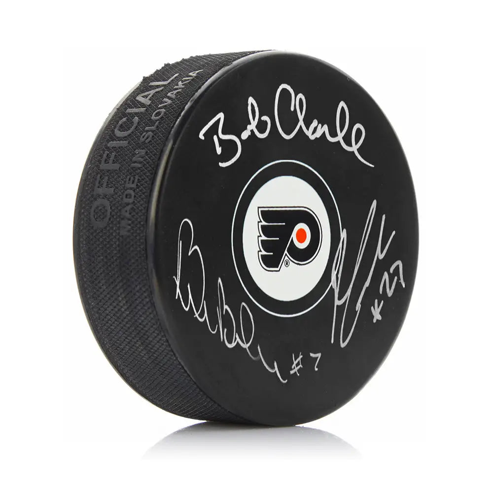 LCB Line (Bob Clarke Bill Barber Reggie Leach) Autographed Philadelphia Flyers Hockey Logo Puck - Hockey Memorabilia