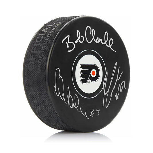 LCB Line (Bob Clarke Bill Barber Reggie Leach) Autographed Philadelphia Flyers Hockey Logo Puck - Hockey Memorabilia