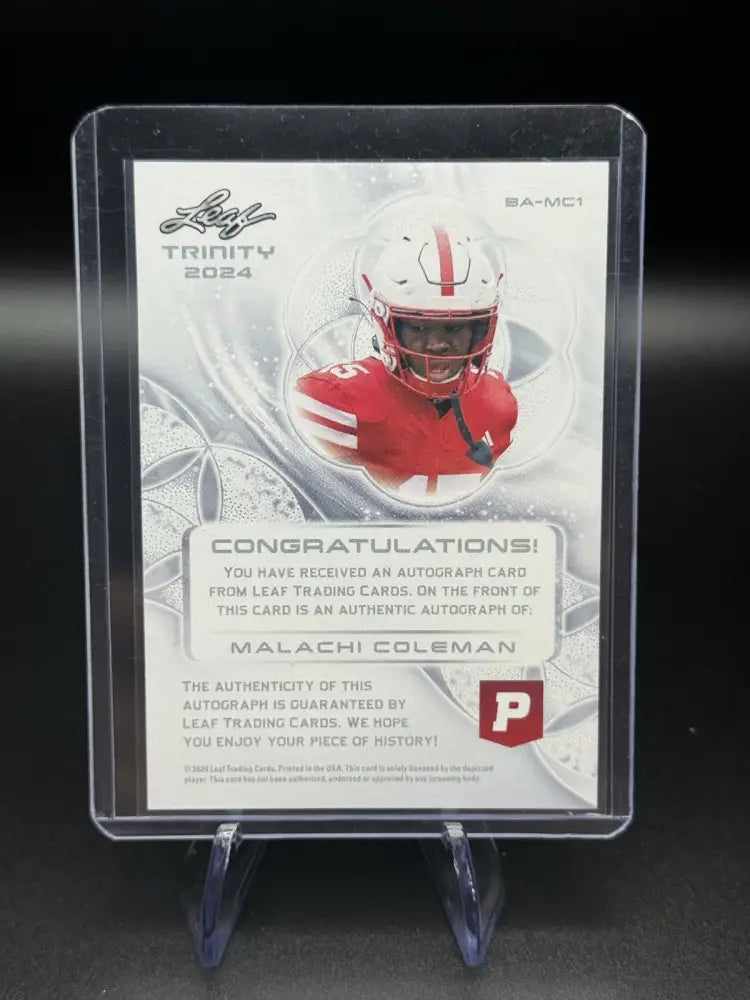 Malachi Coleman Auto. 2024 Leaf Trinity Pristine Auction. Card ba-mc1.