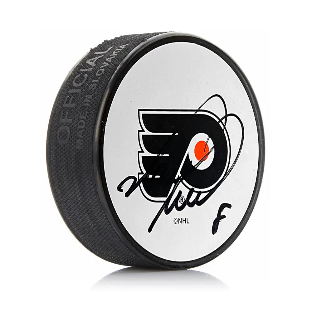 Mark Recchi Philadelphia Flyers Autographed White Hockey Logo Puck - Hockey Memorabilia