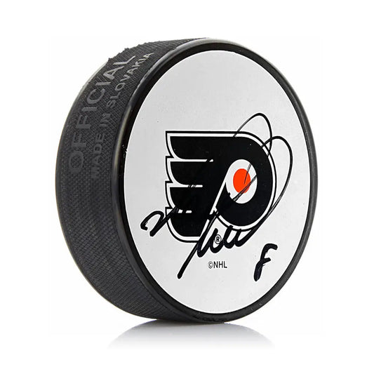Mark Recchi Philadelphia Flyers Autographed White Hockey Logo Puck - Hockey Memorabilia
