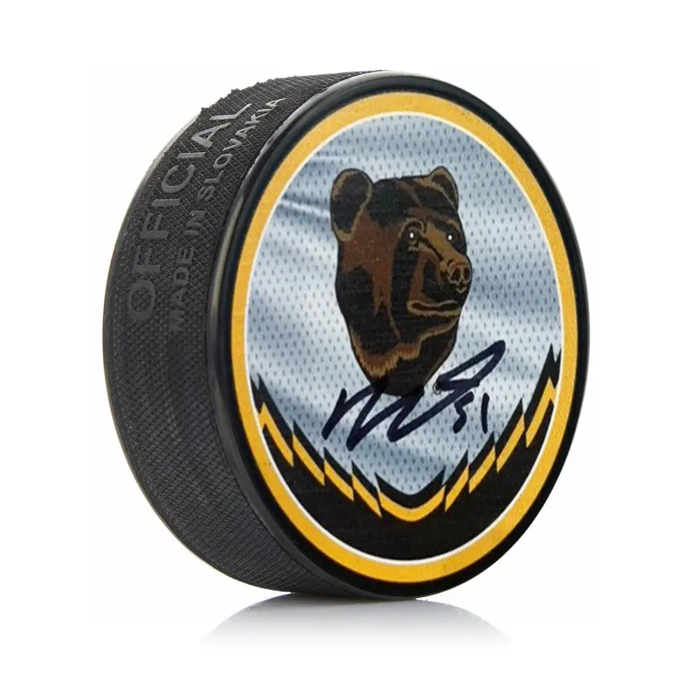Matthew Poitras Autographed Boston Bruins Reverse Retro Hockey Logo Puck - Hockey Memorabilia