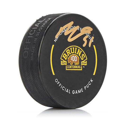 Matthew Poitras Boston Bruins Autographed 100th Anniversary Hockey Game Puck - Hockey Memorabilia