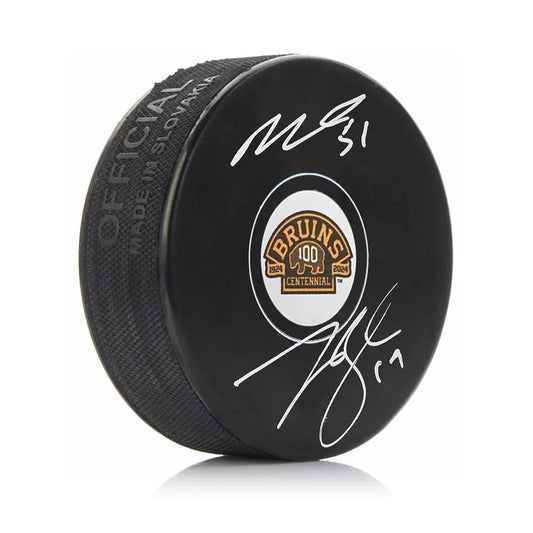 Matthew Poitras & Johnny Beecher Autographed Boston Bruins 100th Anniversary Hockey Logo Puck - Hockey Memorabilia
