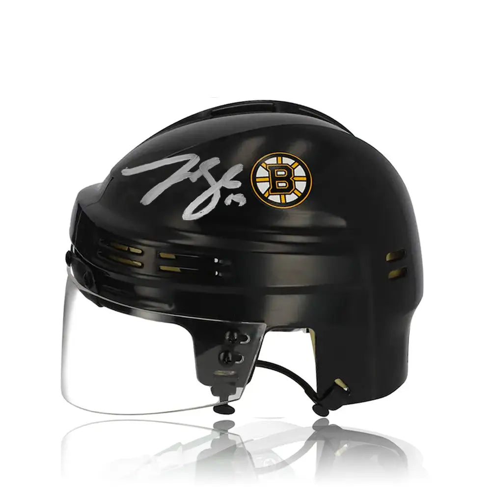 Matthew Poitras & Johnny Beecher Boston Bruins Autographed NHL Hockey Bauer Black Mini-Helmet - Hockey Memorabilia