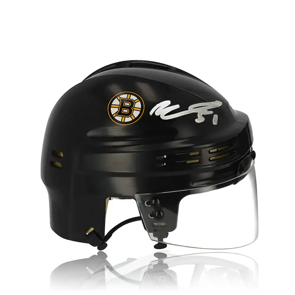 Matthew Poitras & Johnny Beecher Boston Bruins Autographed NHL Hockey Bauer Black Mini-Helmet - Hockey Memorabilia