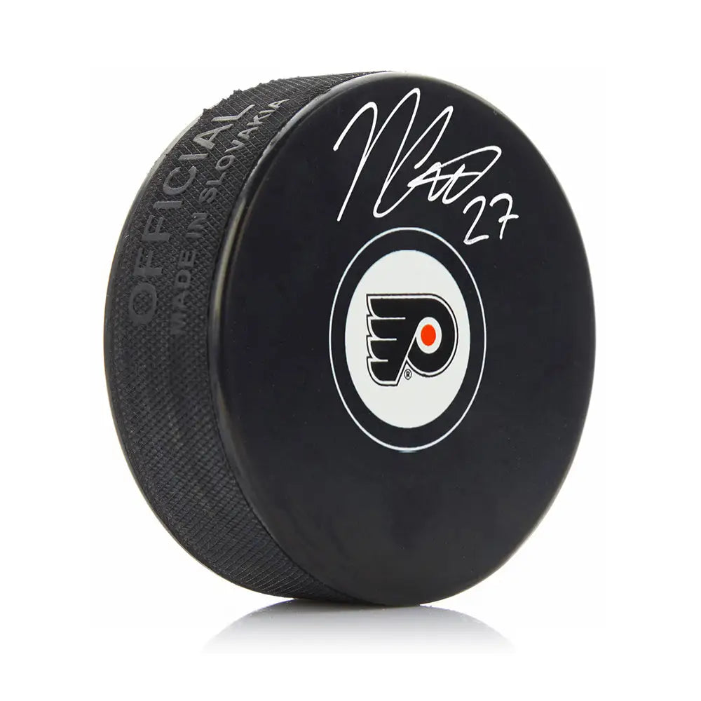 Noah Cates Autographed Philadelphia Flyers Hockey Logo Puck - Hockey Memorabilia