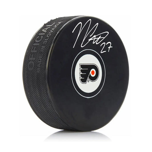 Noah Cates Autographed Philadelphia Flyers Hockey Logo Puck - Hockey Memorabilia
