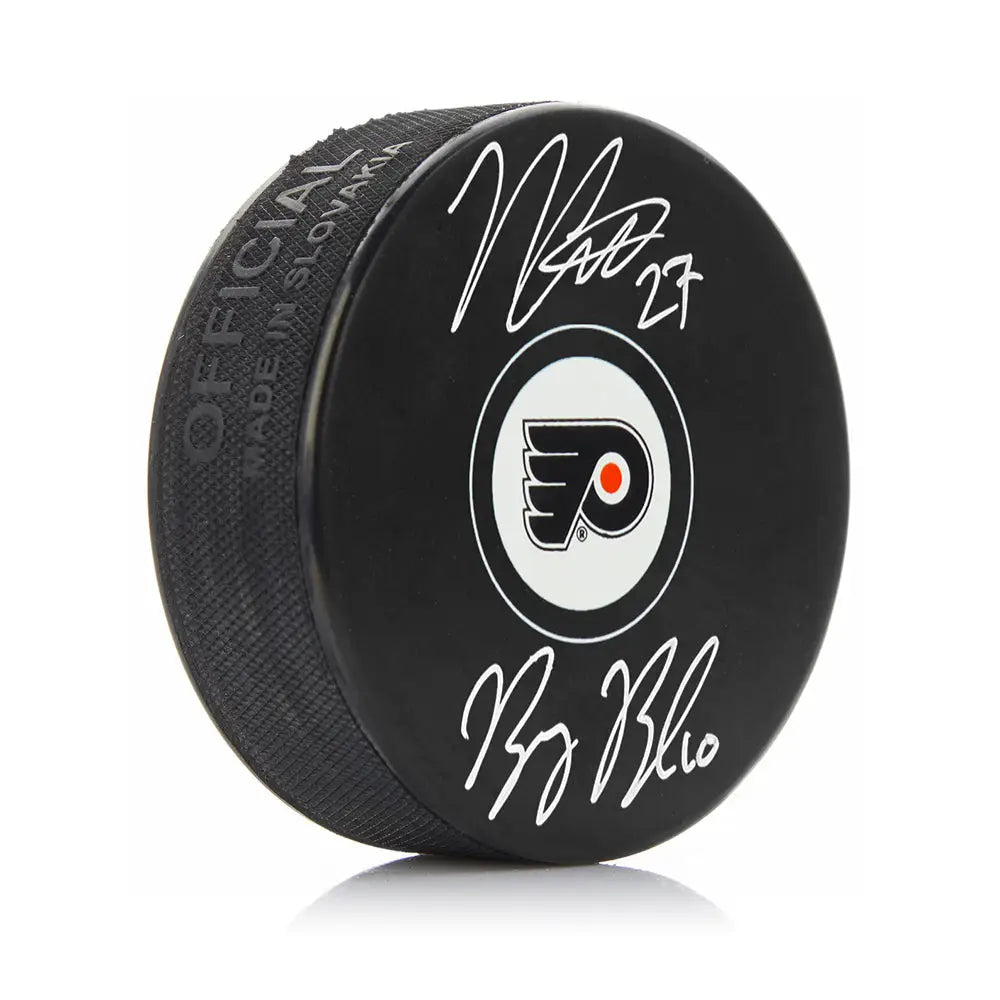 Noah Cates & Bobby Brink Autographed Philadelphia Flyers Hockey Logo Puck - Hockey Memorabilia